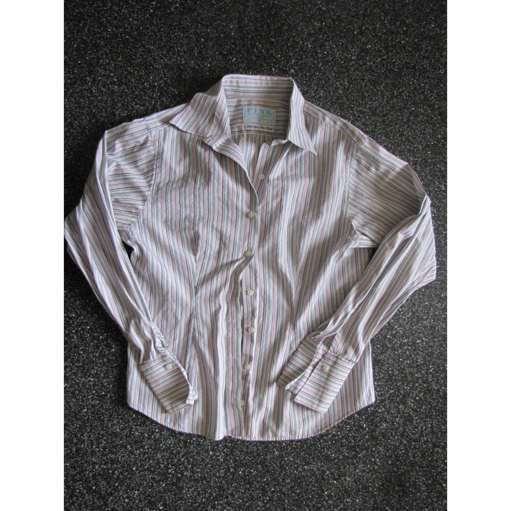 Pink Shirt Womens 12 White Striped Button Front Long Sleeve Collared Cotton Top